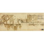 Stephan Goddard, British b.1959- Tower Bridge Wharf; watercolour, collage, stamped, 38.4x93.5cm (