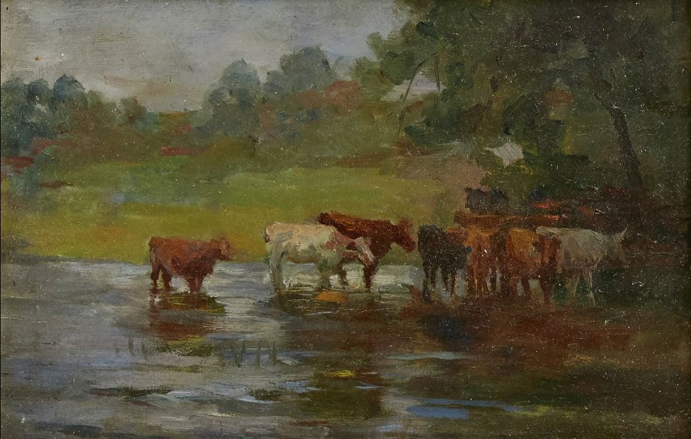 Algernon Talmage RA, British 1871-1939- Cattle at a watering-hole; oil on panel, 15.7x23.7cm