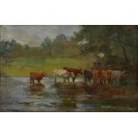 Algernon Talmage RA, British 1871-1939- Cattle at a watering-hole; oil on panel, 15.7x23.7cm