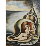 Francis Cox, British 1916-1992- Woman seated in a shell on the sea shore; oil on canvas, signed