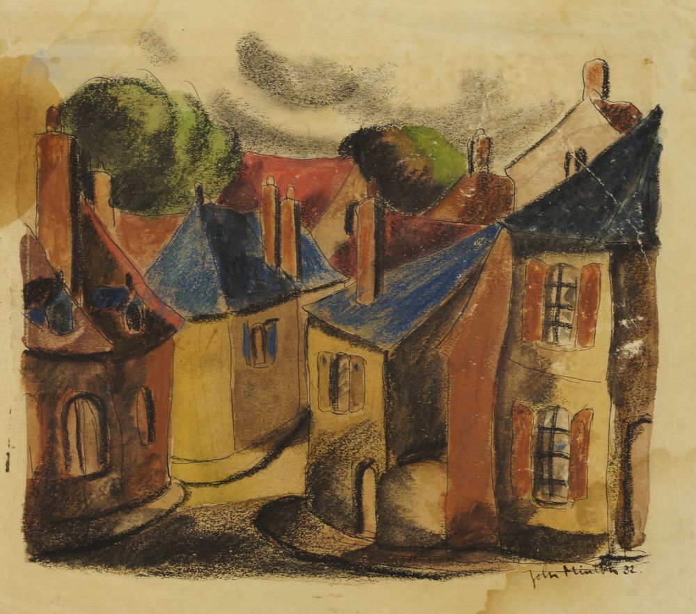 John Minton, British 1917-1957- Street scene; watercolour and pastel on paper, signed and dated