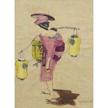 Katie Blackmore ARBA ASWA, British 1890-1957- Woman carrying two lamps; black ink and watercolour on