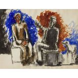 Josef Herman OBE RA, Polish/British 1911-2000- Two seated men and a dog, c.1980; watercolour and