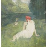 Zsuzsi Roboz, Hungarian/British 1929-2012- Seated lady with a goose on a grassy riverbank; oil on