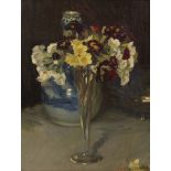 Sir George Clausen RA RWS, British 1852-1944- Primulas in a glass vase; oil on canvas, signed, 34.