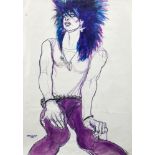 Jo Brocklehurst, British 1935-2006- Seated punk with purple hair; watercolour, gouache, and pastel