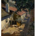 Attributed to Sir Gerald Festus Kelly PRA, British 1879-1972- Figure by a Farm; oil on board,