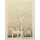 Paul Medcalf, British, 20th century- Two horses and a unicorn under a palm tree; pencil and