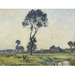 Bertram Walter Priestman RA NEAC, British 1868-1951- Meadowland - Suffolk; oil on panel, signed