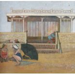 Audrey Lanceman, British b. 1931- Beach scene; oil on board, 50.5x52cm: together with six other