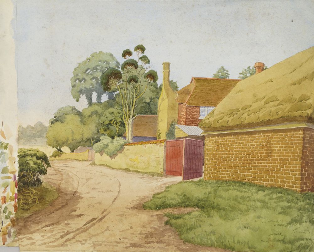 Attributed to Harry Epworth Allen, British 1894-1958- Farmhouse with country lane and trees