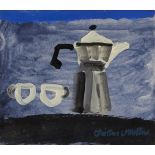 Christine McArthur, Scottish b. 1953- Coffee pot with two cups; watercolour and acrylic on paper,