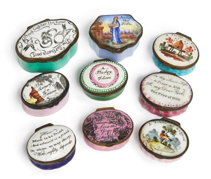 A group of nine Staffordshire enamel patch boxes, late 18th-20th century, all with messages of