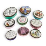 A group of nine Staffordshire enamel patch boxes, late 18th-20th century, all with messages of