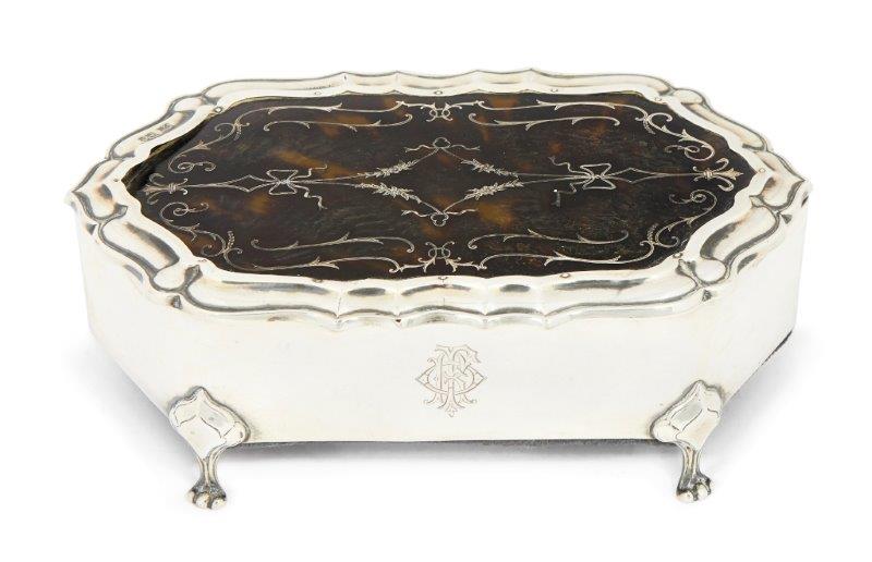 A George V silver and tortoiseshell jewellery box, London c.1911, Mappin & Webb, of hexagonal design