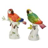Two Meissen porcelain models of red and green parrots, both c.1949-1953, blue crossed swords