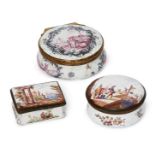 Three English enamel boxes, mid-late 18th century, including a Staffordshire box, decorated to the