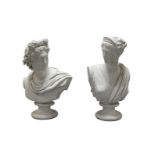 A pair of French bisque porcelain busts of Apollo and Diana, by Jean Gille, late 19th century, after