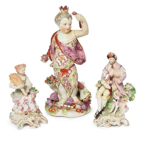 Two English porcelain figures of a bagpiper and a harvest girl, probably Derby, 18th century, he