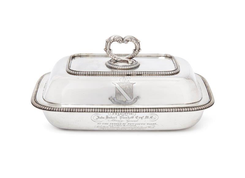 Of Australian interest: A rare and important silver rectangular entree dish and cover, bearing the