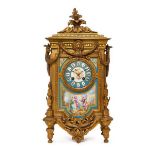 A French gilt-bronze and porcelain-mounted striking mantel clock, Japy Frères, c1880, the front