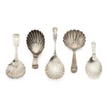 Four Georgian silver shell form caddy spoons, together with an Edwardian example (5)Please refer