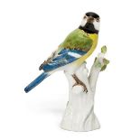 A Meissen porcelain model of a Great Tit, c.1961, blue crossed swords, incised 1123, impressed 86,