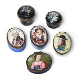 A group of six enamel patch boxes, late 18th/19th century, including a double portrait of John the