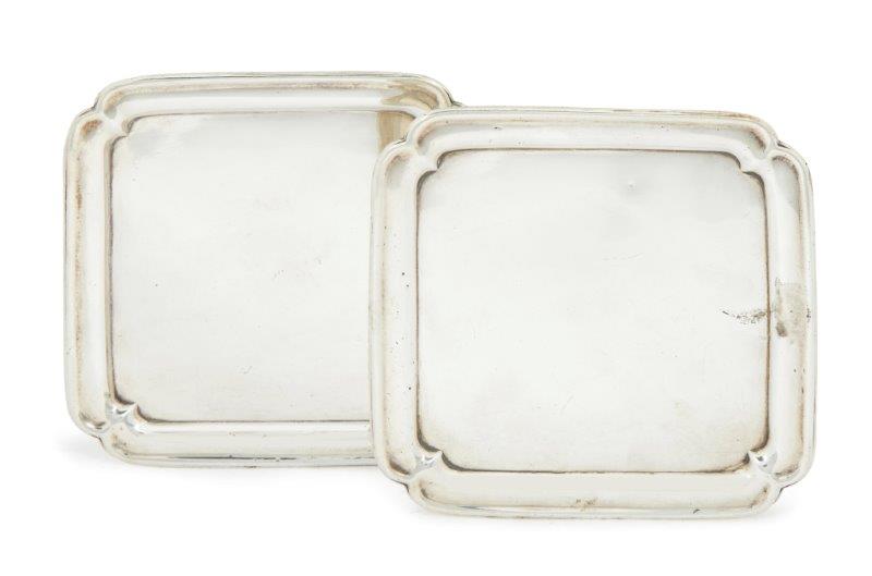 A pair of George II square silver waiters, London c.1725, Edward Feline, with moulded borders and