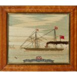 A Victorian ship's woolwork picture of S.S. Heather Bell, signed T.Paul, 1881, depicted with two