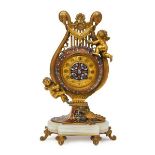 A French gilt bronze and enamel lyre shaped clock, late 19th century, the lyre applied with two