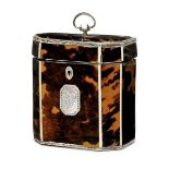 A George III silver and tortoiseshell tea caddy, of rectangular form with canted corners, the lid