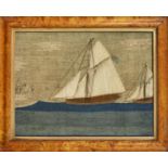 A large ship's woolwork picture, first half 20th century, with two single-mast vessels, a lighthouse