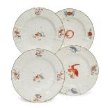 A set of four Chelsea porcelain plates, in the Kakiemon palate, c.1753-4, each moulded with floral