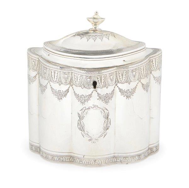 A George III tea caddy, London c.1797, Henry Chawner & John Eames, of oval lobed form, the domed