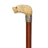 An ivory and silver walking cane, 19th century, the grip in the form of a snarling spaniel, with