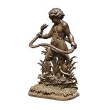 An English cast-iron stick stand, early 20th century, cast in relief with the figure of a youthful