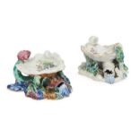 Two similar English porcelain salts, possibly Bow, 18th century, each of shell form supported by