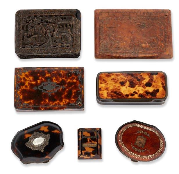 A collection of five various tortoiseshell boxes and snuff boxes, all 19th century, two of