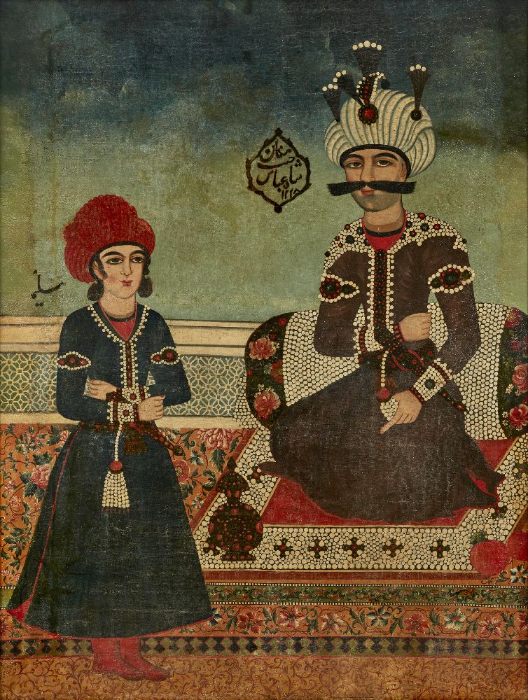 A seated portrait of Shah 'Abbasi, Qajar Iran, dated 1228AH/1813-14AD, oil on canvas, the ruler