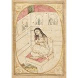 A lady arranging her hair, a series from a Ragamala painting, Kangra, circa 1820, opaque pigments on