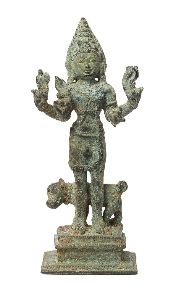 A bronze figure of Siva as Bhairava, Vijaynagara, 14th-15th century, on a tiered square base,