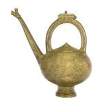A Mughal brass ewer, engraved with Persian figures, India, 17th and 18th century, on a high round