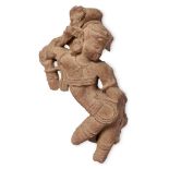 Two mottled red sandstone sculptures of a dancing female, Central India, 11th- 12th century, each
