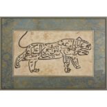 A Deccani zoomorphic calligraphic lion, India, 17th century, ink and gold on paper, composed of