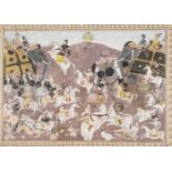 A battle scene, Mughal India, circa 1710, opaque pigments heightened with gold on paper, two