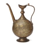 A Mughal brass ewer with later Persian engraved decoration, India, 18th century, on a splayed