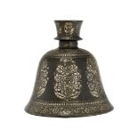 A Mughal bidri huqqa base, Lucknow, circa 1800, bell-shaped, the decoration with recurrent floral