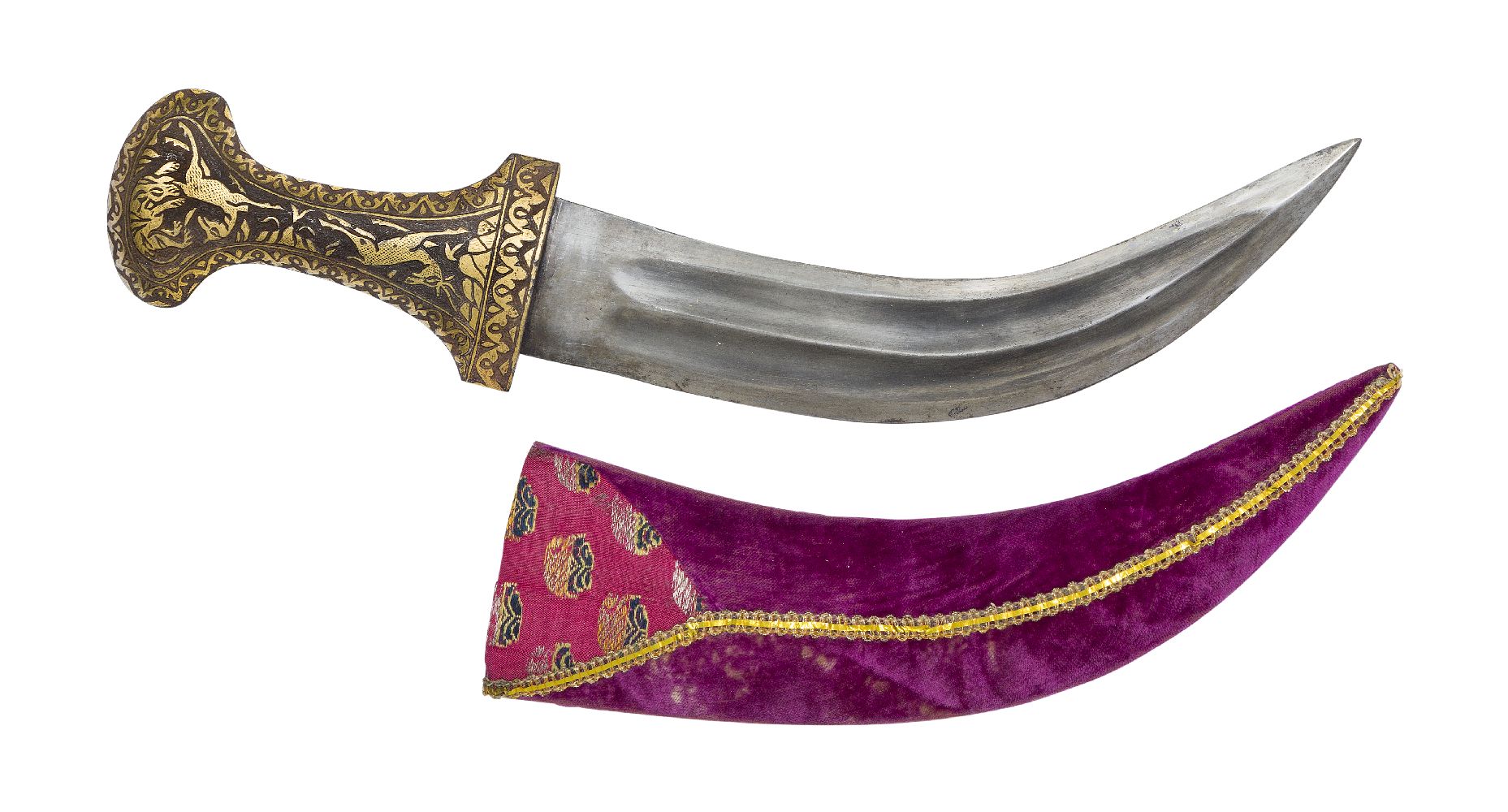 A damascened hilt jambiyya, Deccan, late 19th century, the curved steel blade with three ridges