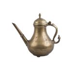 An engraved Mughal brass ewer, India, 19th century, of globular form, on three short, round feet,